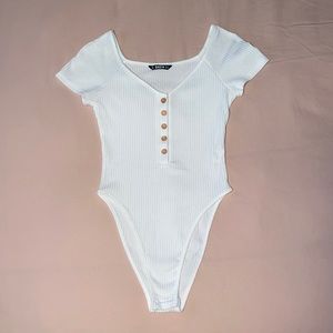 SHEIN White Button Front Rib-Knit Skinny Bodysuit